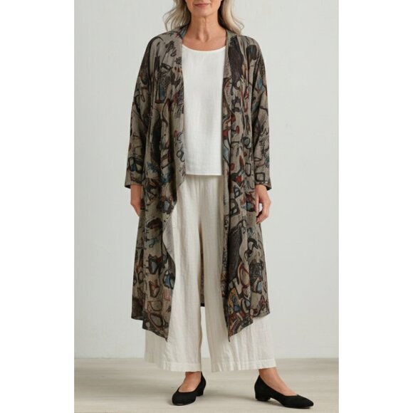 Inoah Cardigan Duster Longline Graffiti Printed Small Open Front Art To Wear - Picture 1 of 11